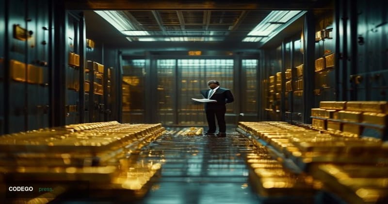 A cinematic editorial photograph taken from a low angle inside a high-security gold vault, with rows of gleaming gold bars st