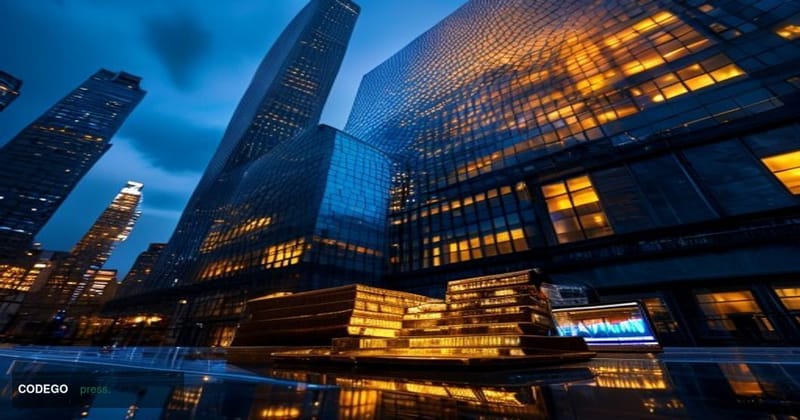 A cinematic editorial photograph taken at a low angle looking up at JPMorgan Chase's glass-and-steel Manhattan headquarters t