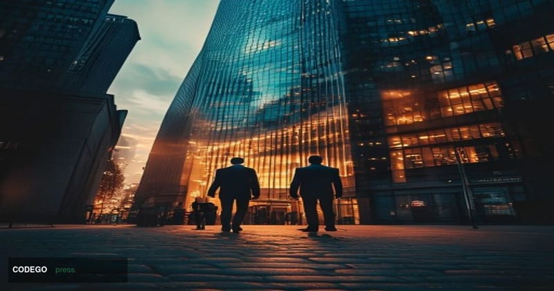A dramatic cinematic editorial photograph set outside JPMorgan Chase's iconic Manhattan headquarters at 383 Madison Avenue, s