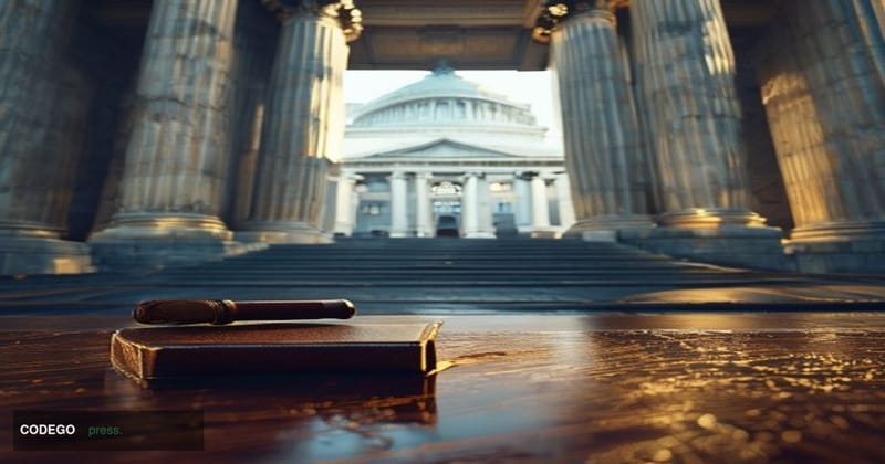 A federal courthouse exterior in Washington D.C., with the neoclassical stone columns and marble facade bathed in late-aftern