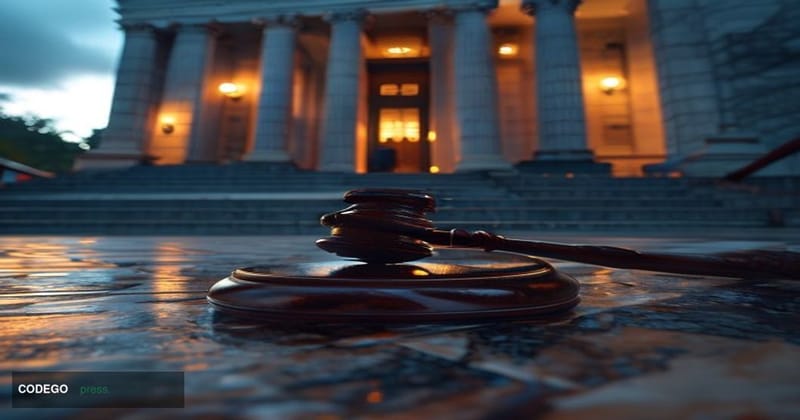 A cinematic editorial courtroom-adjacent scene: a federal courthouse exterior with imposing neoclassical stone columns and he