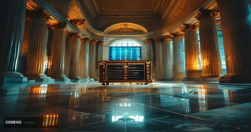 A dramatic cinematic editorial photograph shot from a low angle inside a grand marble-columned Federal Reserve building lobby