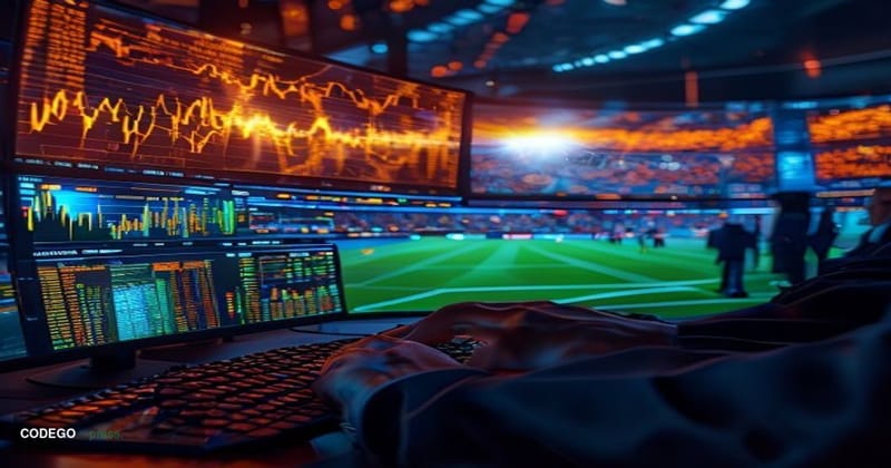 A cinematic editorial photograph set inside a modern financial trading floor environment, with large curved screens displayin