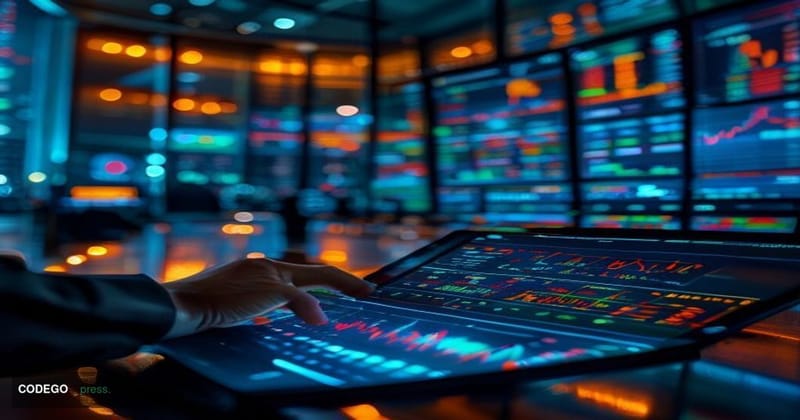 A dramatic cinematic editorial photograph set inside a sleek, modern prediction market trading floor with large curved screen