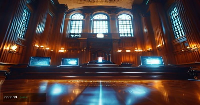 A cinematic editorial photograph set inside a grand federal courthouse interior, shot from a low angle looking up toward a to