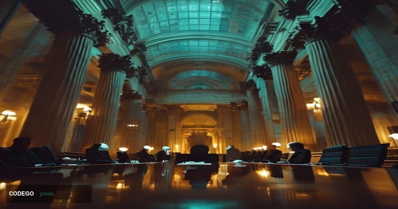 A cinematic editorial photograph set inside a grand Federal Reserve Bank building interior, shot from a low angle looking up 