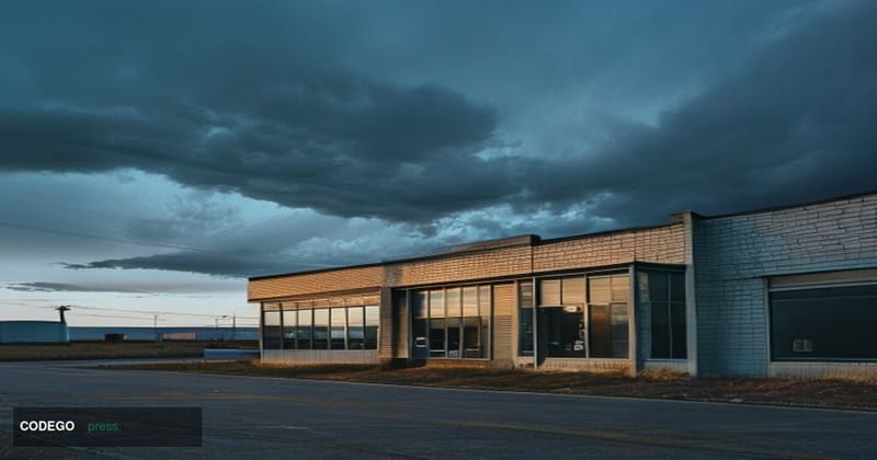 A photorealistic cinematic editorial photograph of a shuttered community bank branch in Lenexa, Kansas, under a wide midweste