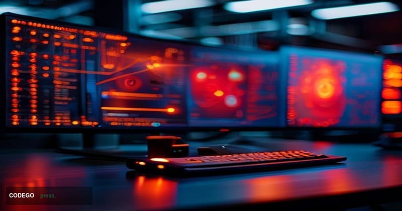 A cinematic editorial photograph depicting a sleek dual-monitor workstation in a dimly lit cybersecurity operations center, w