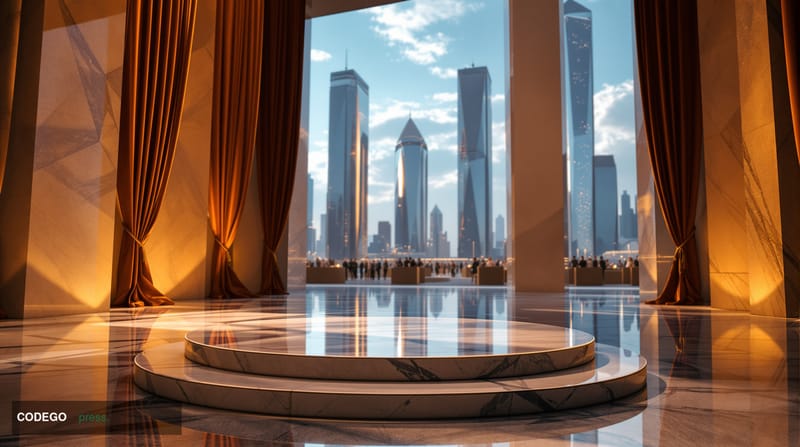 A cinematic editorial photograph set in Astana, Kazakhstan, with the gleaming futuristic towers of the Kazakh capital visible