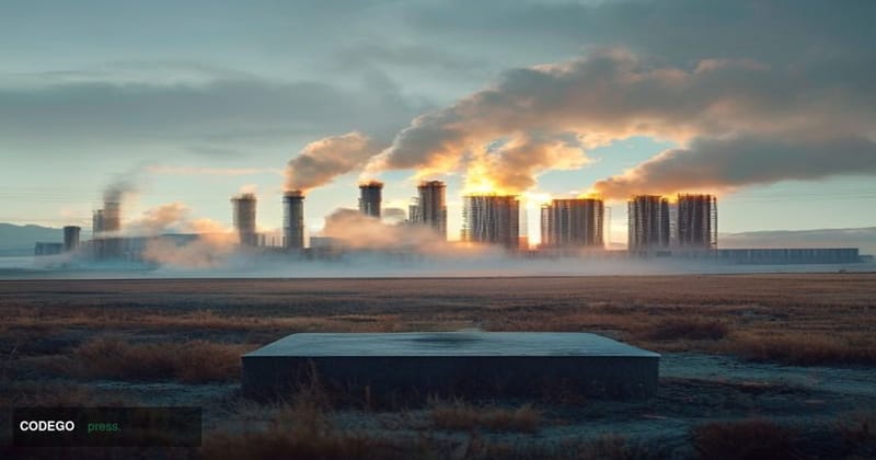 A dramatic cinematic editorial photograph set in Kazakhstan's industrial steppe landscape, with massive modern crypto mining 