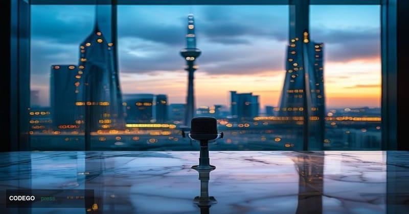 A cinematic editorial photograph set in Astana, Kazakhstan, featuring the gleaming futuristic skyline of the capital city — i