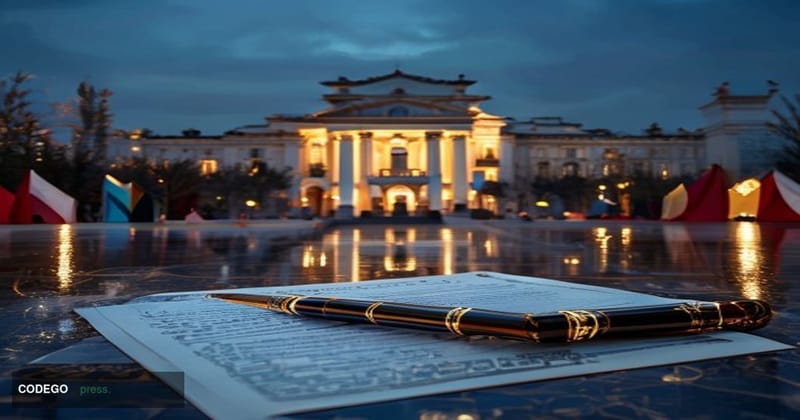 A cinematic editorial photograph of the Ak Orda Presidential Palace in Nur-Sultan, Kazakhstan, at dusk, its grand white neocl