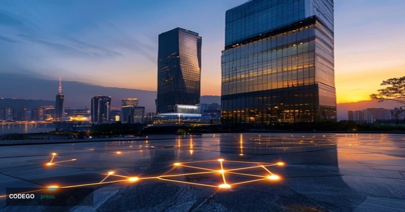 A cinematic editorial photograph set in Seoul's financial district, with the distinctive glass-and-steel facade of a major So