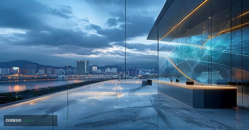 A cinematic editorial photograph of a sleek glass-and-steel banking headquarters in Seoul, South Korea, with the Han River an