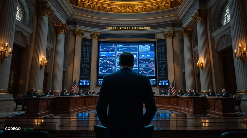 A cinematic editorial photograph set inside a grand neoclassical Federal Reserve building interior, marble columns and polish