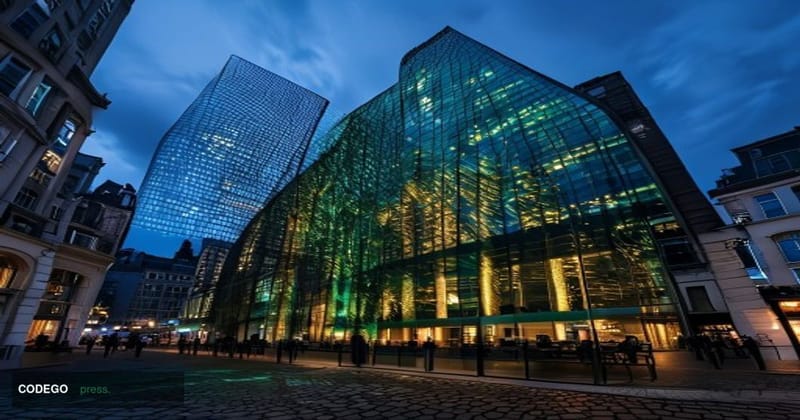 A dramatic editorial photograph set in the Brussels financial district at dusk, with the illuminated glass façade of a modern
