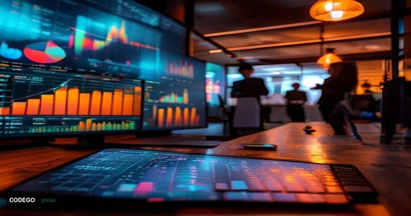 A cinematic editorial photograph set inside a modern financial data intelligence firm's open-plan office, with large curved m