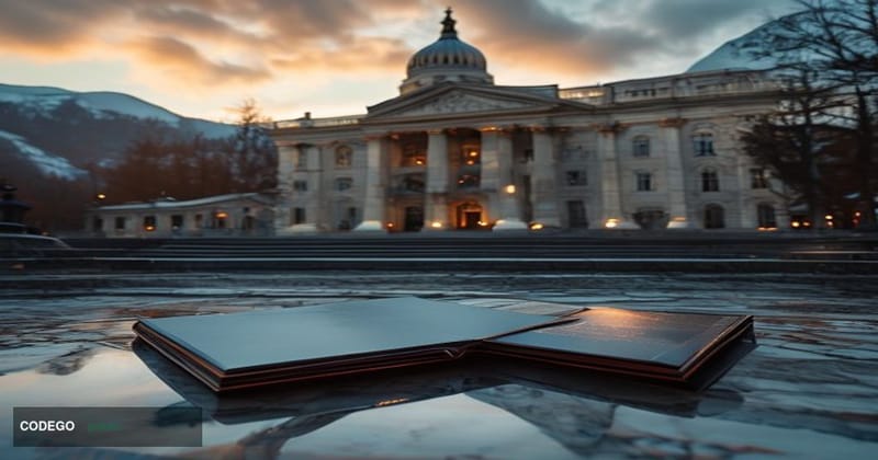 A cinematic editorial photograph set outside the Utah state capitol building in Salt Lake City, with warm golden-hour amber l
