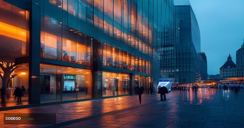 A cinematic editorial photograph centered on Klarna's Stockholm headquarters exterior at dusk, its distinctive pink branding 