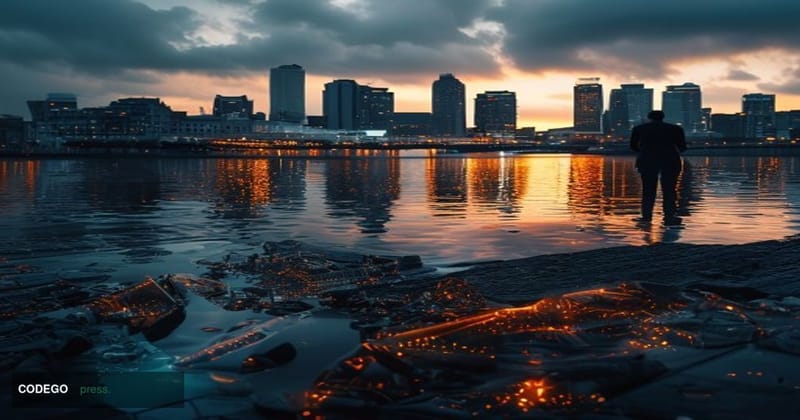 A photorealistic editorial photograph of the Rotterdam financial district skyline at dusk, viewed from across the Maas River,