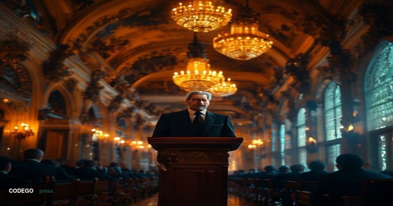 A cinematic editorial photograph set inside a grand Viennese conference hall, with high arched ceilings, ornate plasterwork, 