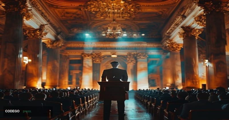 A photorealistic editorial photograph set inside an austere, grand Viennese conference hall reminiscent of the Oesterreichisc