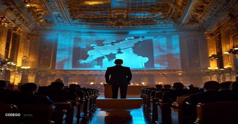 A dramatic editorial photograph taken inside a grand Viennese neoclassical conference hall, modeled on the ornate architectur
