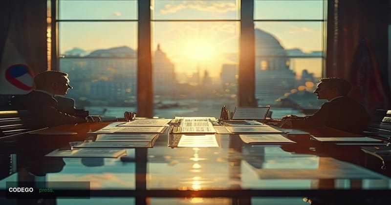 A dramatic cinematic editorial photograph set inside a formal diplomatic meeting room, shot from a low wide-angle perspective