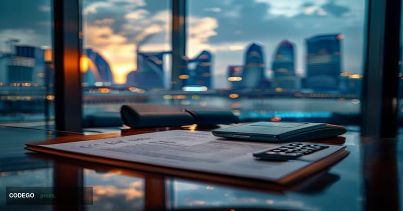 A cinematic editorial photograph set in Singapore's central business district, with the iconic Marina Bay skyline visible in 