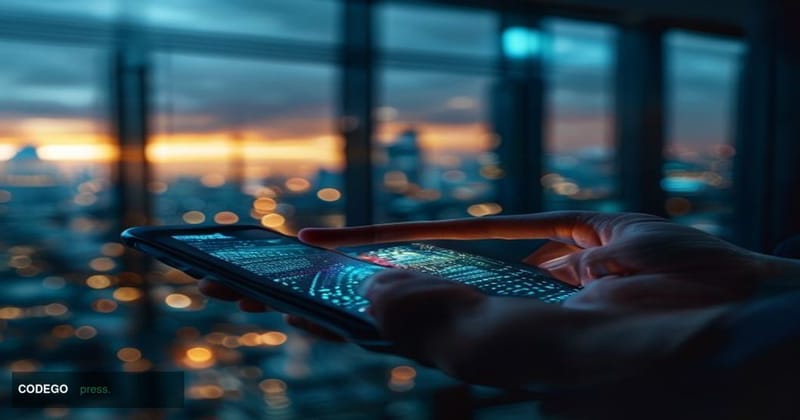 A cinematic editorial close-up of a sleek smartphone displaying a glowing, futuristic trading dashboard with dynamic candlest