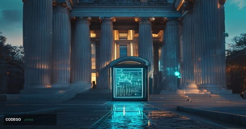 A photorealistic cinematic editorial photograph depicting a large, imposing Federal Reserve building facade — the Federal Res