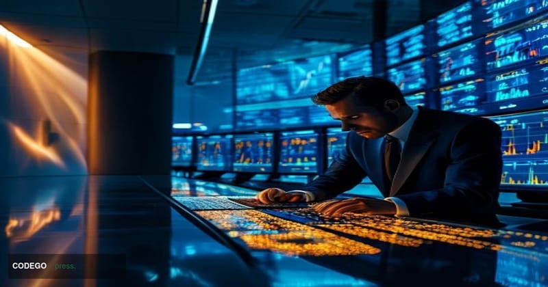 A cinematic editorial photograph set inside a sleek, high-ceilinged institutional trading floor bathed in deep blue and amber
