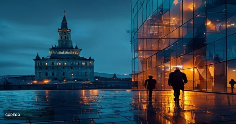 A dramatic cinematic editorial photograph set in Vilnius, Lithuania, with the iconic Gediminas Tower visible on the hilltop i