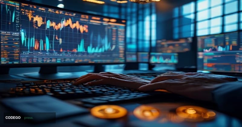 A cinematic editorial photograph set inside a sophisticated trading floor environment that blends traditional finance and cry