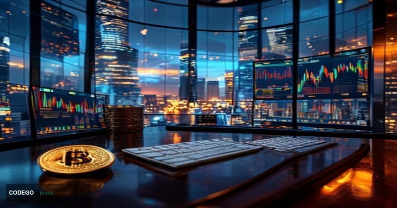 A sleek, dramatically lit trading floor environment representing institutional crypto derivatives activity, with large curved