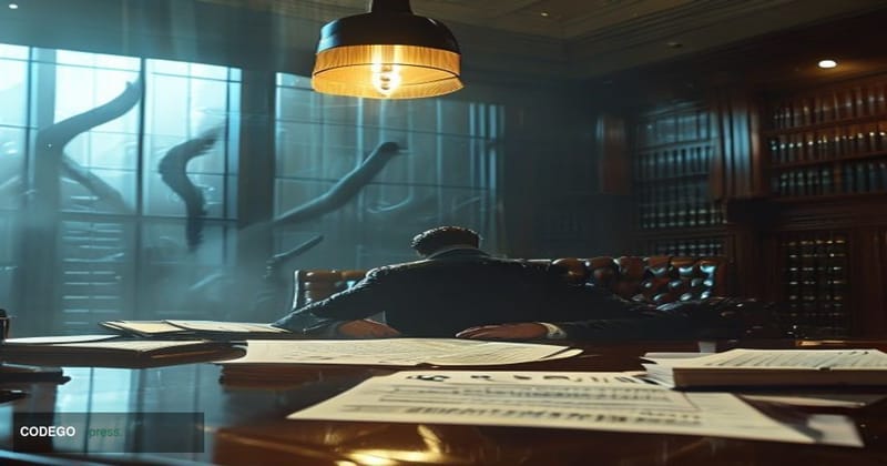 A dramatic cinematic editorial photograph inside a formal arbitration chamber, with a heavy mahogany conference table in the 