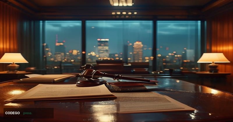A dramatic cinematic editorial photograph set inside a high-ceilinged courtroom-adjacent arbitration chamber, with warm amber