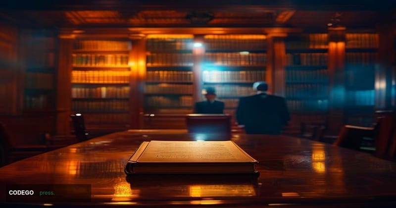 A cinematic editorial photograph set inside a dramatically lit arbitration chamber or legal hearing room, with warm amber ove