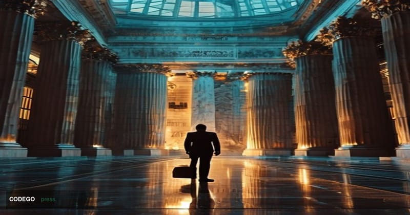 A dramatic cinematic editorial photograph set inside a monumental Federal Reserve bank building interior — specifically evoki