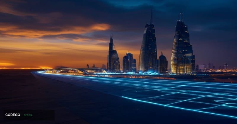 A cinematic editorial photograph taken at dusk over Kuwait City, with the iconic Kuwait Towers silhouetted against a dramatic