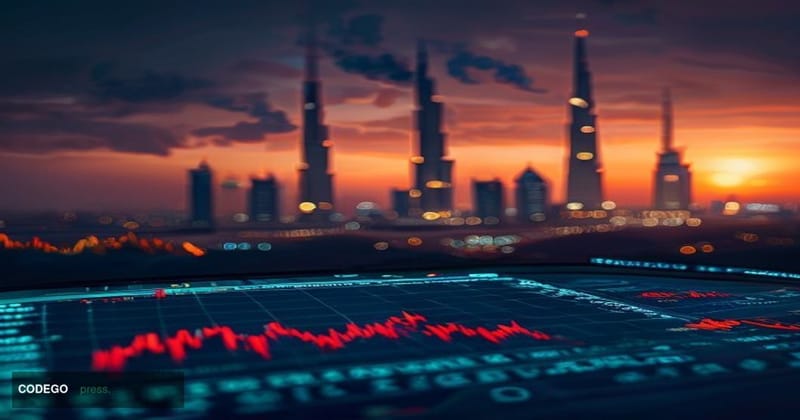 A dramatic cinematic editorial photograph capturing the collision of geopolitical tension and financial market chaos. In the 