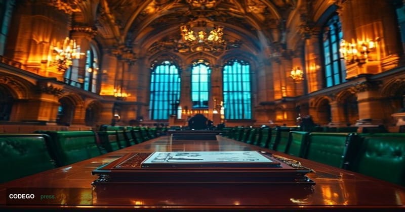 A photorealistic editorial photograph set inside the Palace of Westminster, London, showing the iconic Gothic revival interio