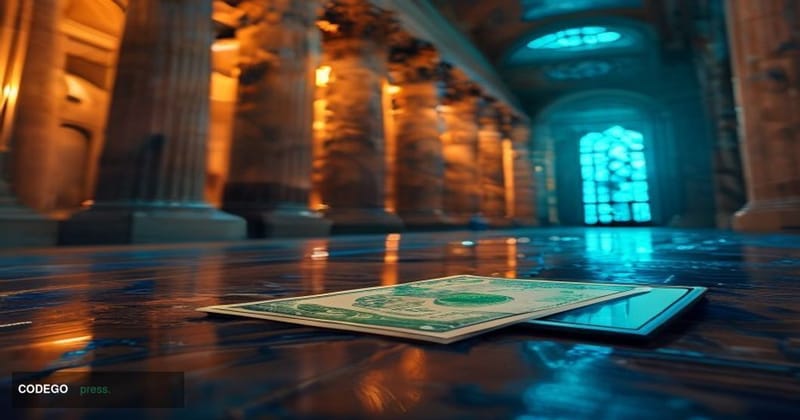 A cinematic editorial photograph set inside a grand European central bank chamber, featuring a polished marble table in the f