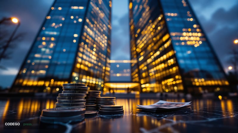A dramatic close-up editorial photograph of the European Central Bank's iconic glass and steel headquarters tower in Frankfur