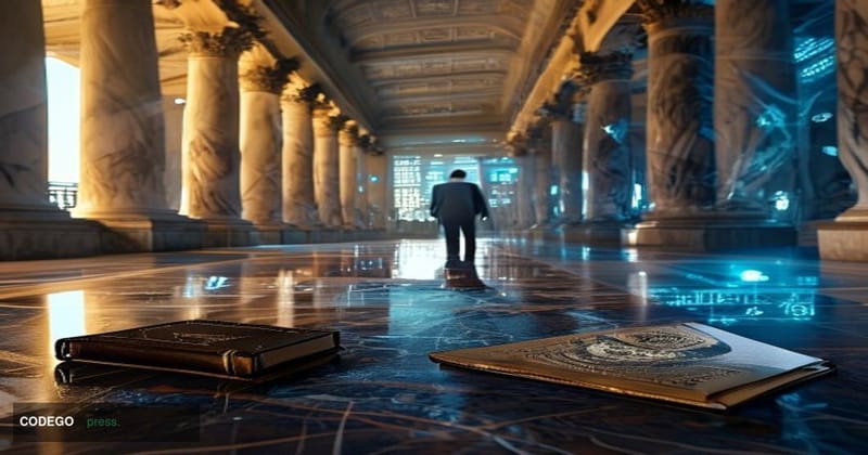 A cinematic editorial photograph set inside a grand federal government corridor, shot from a low angle looking upward toward 