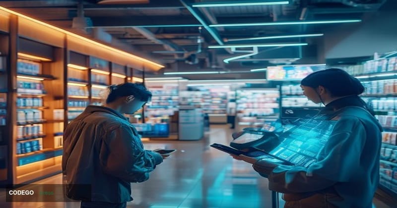 A photorealistic cinematic editorial photograph set inside a modern Japanese convenience store — recognizably a Lawson branch