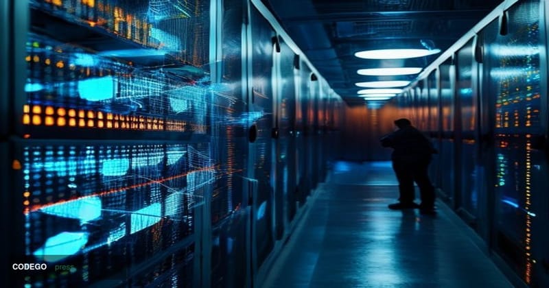 A dramatic cinematic editorial photograph set inside a dimly lit, high-security data center corridor, with rows of glowing se