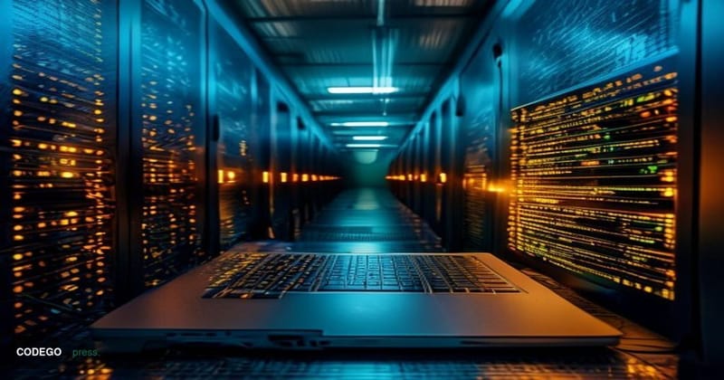 A dimly lit underground server room photographed from a low dramatic angle, with glowing racks of hard drives stretching into