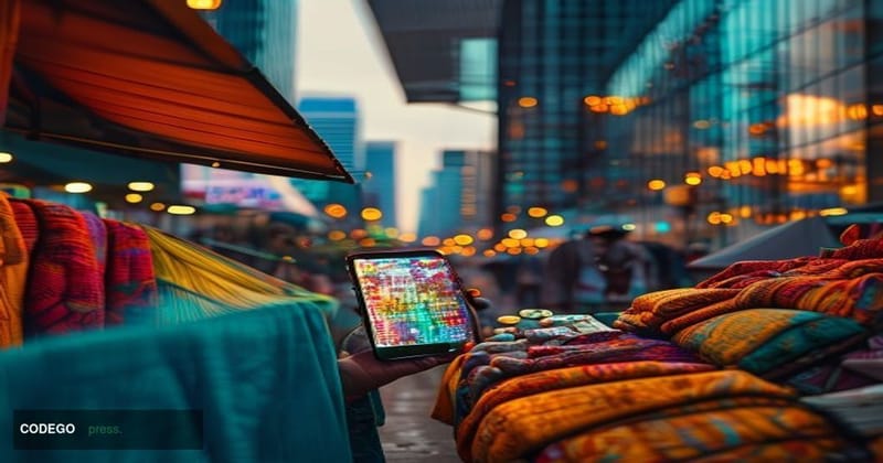 A cinematic editorial photograph set at the intersection of a bustling Lagos market street and a modern digital banking inter