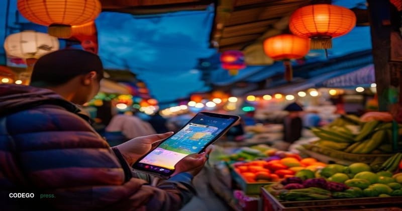A cinematic editorial photograph depicting a vibrant Vietnamese street market in Ho Chi Minh City, with a Singaporean travele